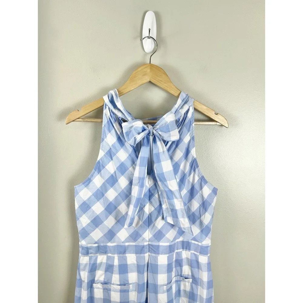 J Crew‎ Gingham Jumpsuit Sleeveless Sz 14 Pockets Cotton Lined Coastal Beach Bow